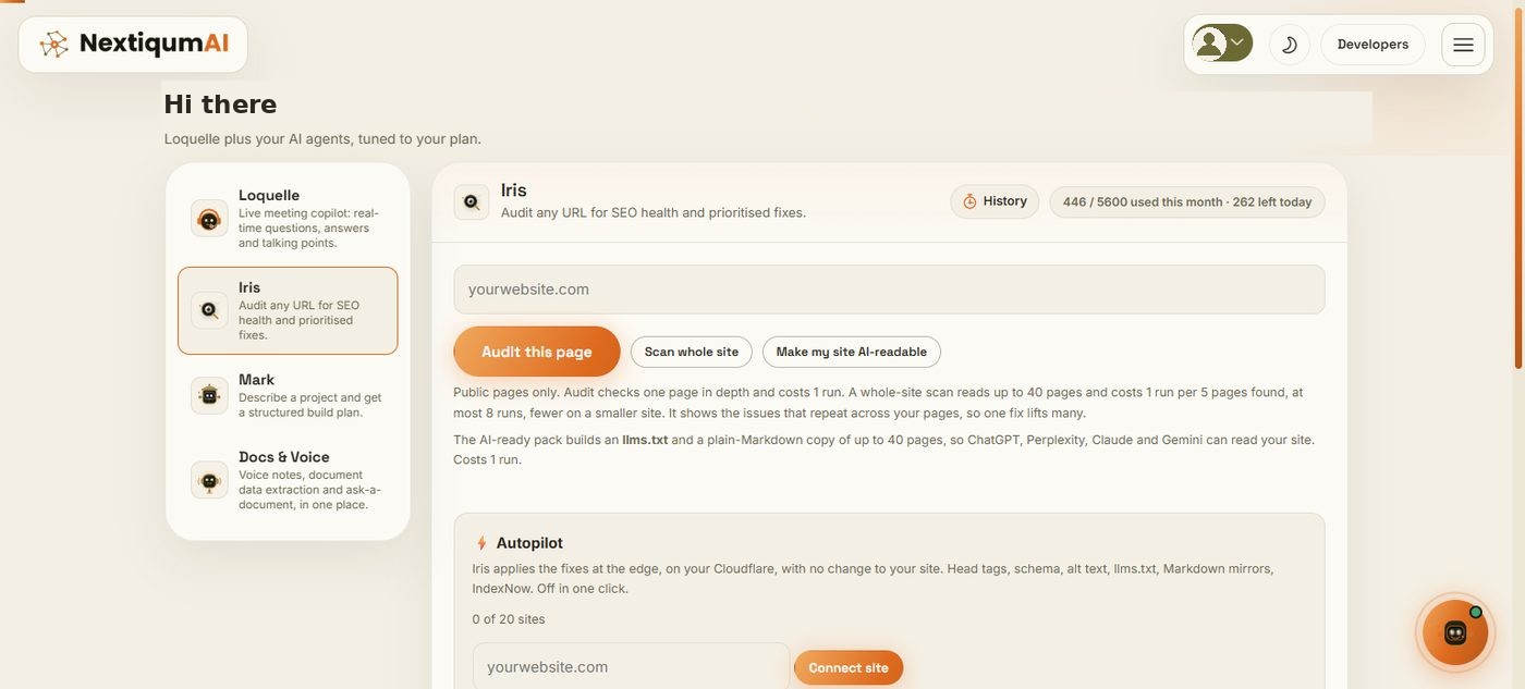 The Iris workspace with the Autopilot panel: connect a site, 0 of 20 sites